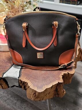 Dooney & Bourke Pebbled Leather Satchel in Black with Tan Trim